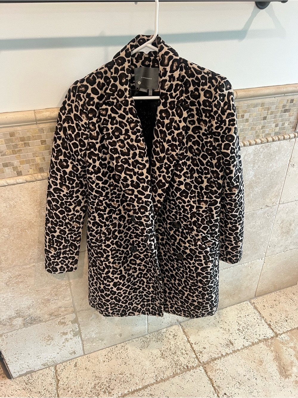 Anthropologie Leopard-Print Pea Coat in Black and Cream